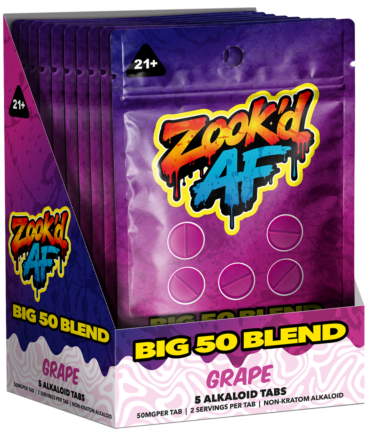 Zook'd AF Big 50 Blend Giant Grape shelf pack of tab pouches