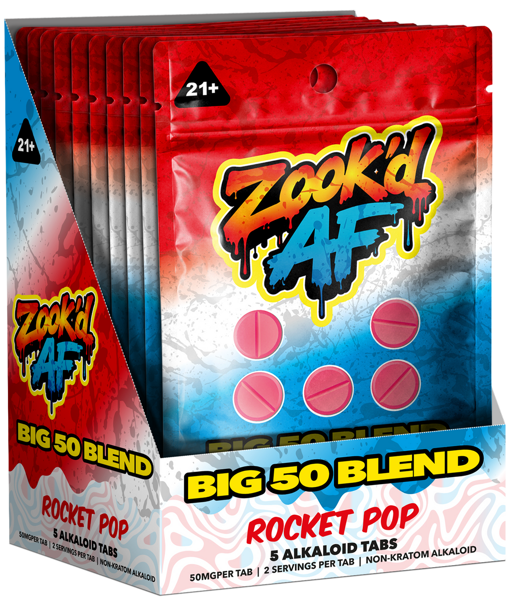 Zook'd AF Big 50 Blend Heavy Rocket Pop shelf pack of tab pouches