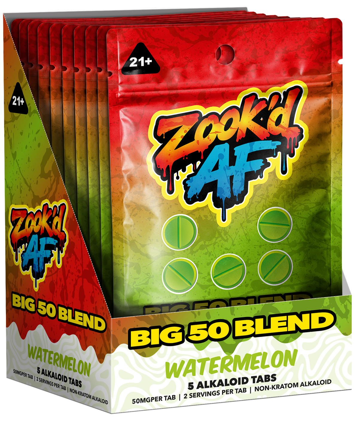 Zook'd AF Big 50 Blend Wide Watermelon shelf pack of tab pouches
